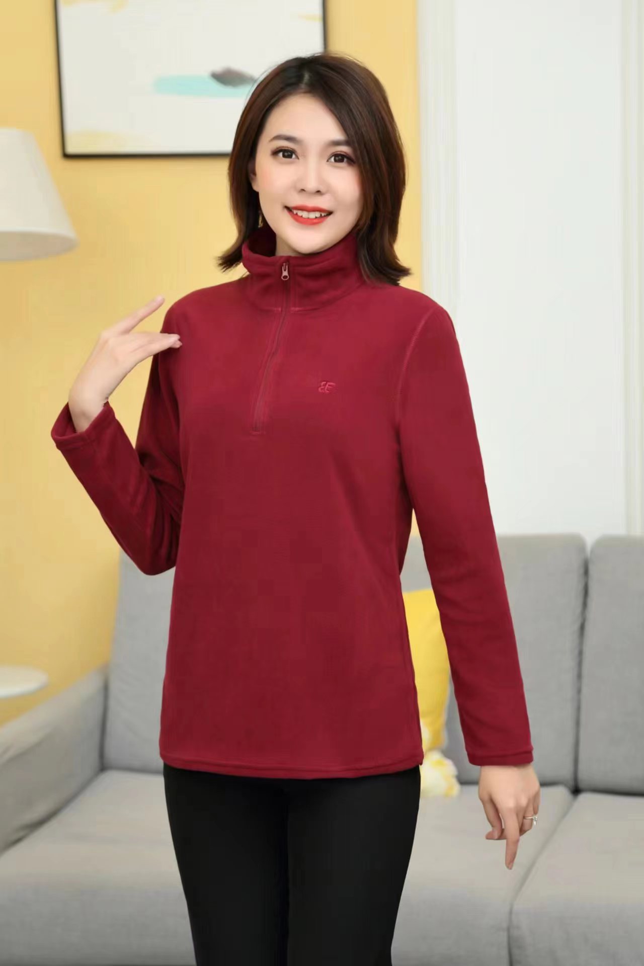 Wine · Half-Zip Stand-Neck Top